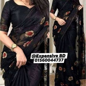 গাঢ় কালো, ব্লক প্রিন্ট জর্জেট শাড়ি