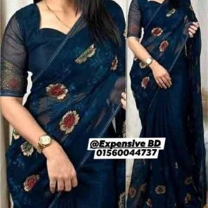 গাঢ় নীল, ব্লক প্রিন্ট জর্জেট শাড়ি
