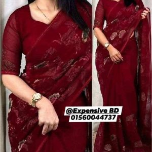মেরুন-গাঢ় লাল, ব্লক প্রিন্ট জর্জেট শাড়ি