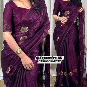 গাঢ় বেগুনি, ব্লক প্রিন্ট জর্জেট শাড়ি